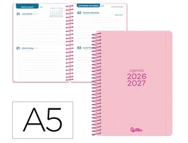 Liderpapel Agenda Escolar 26-27 Espiral Basic 2 Días Página A5 Bilingüe 70g Papel FSC, Rosa