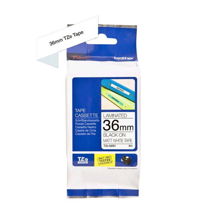 Brother TZe-M261 Cinta Laminada Mate con Texto Negro sobre Fondo Blanco de 36 mm x 8 m
