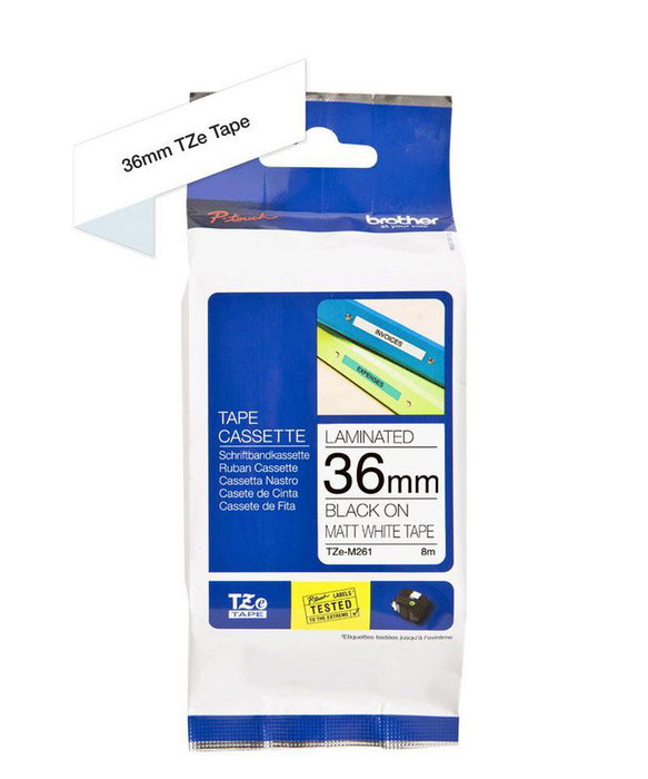 Brother TZe-M261 Cinta Laminada Mate con Texto Negro sobre Fondo Blanco de 36 mm x 8 m
