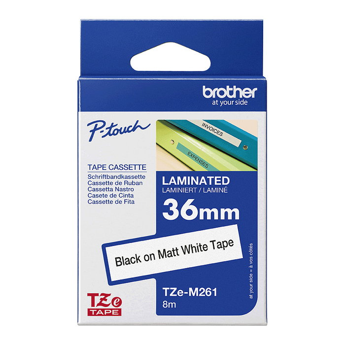 Brother TZe-M261 Cinta de Etiquetas Térmica TZe, 36 mm Ancho x 8 m Largo, Negro sobre Blanco, Compatible con PT-P900W, PT-D800W, PT-P950NW