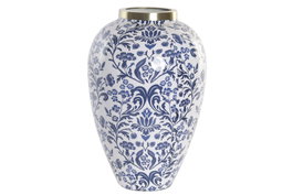 DKD Home Decor Jarrón de Hierro Floral Lacado Azul y Blanco