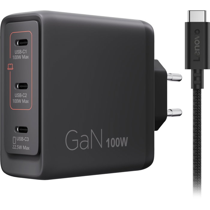 Lenovo Cargador 100W GaN con 3 Puertos USB-C Triple AC Adapter