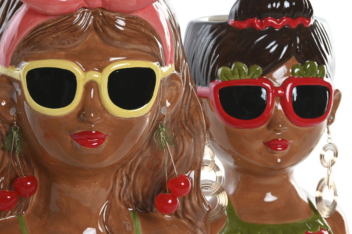 DKD Home Decor Macetero de Gres Multicolor Chica con Diseños de Gafas y Pendientes