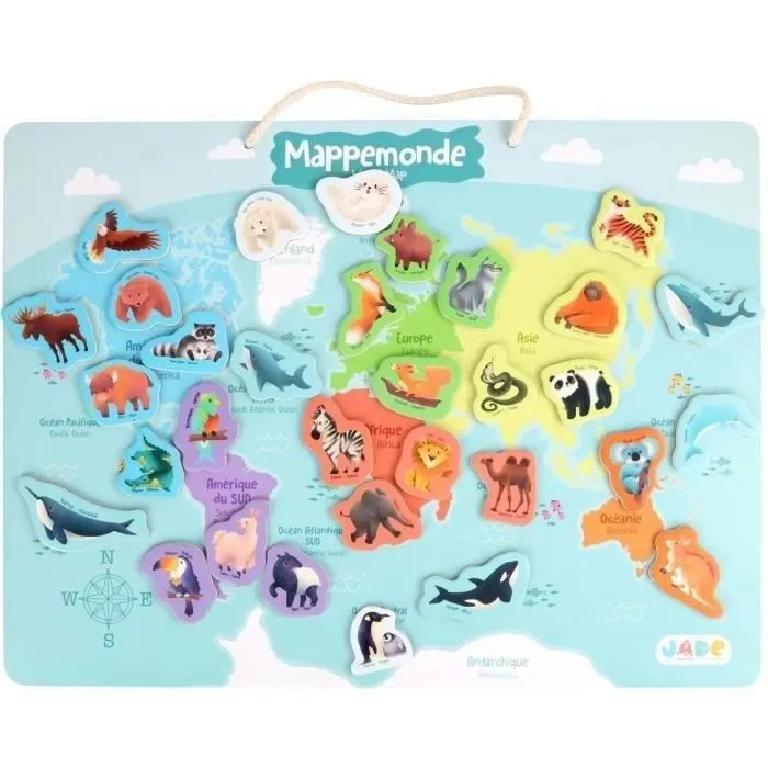 JADE JA3301040335259 Tablero Magnético Continentes Juego Educativo Madera FSC 40x30 cm 3 Años 30 Piezas Animales
