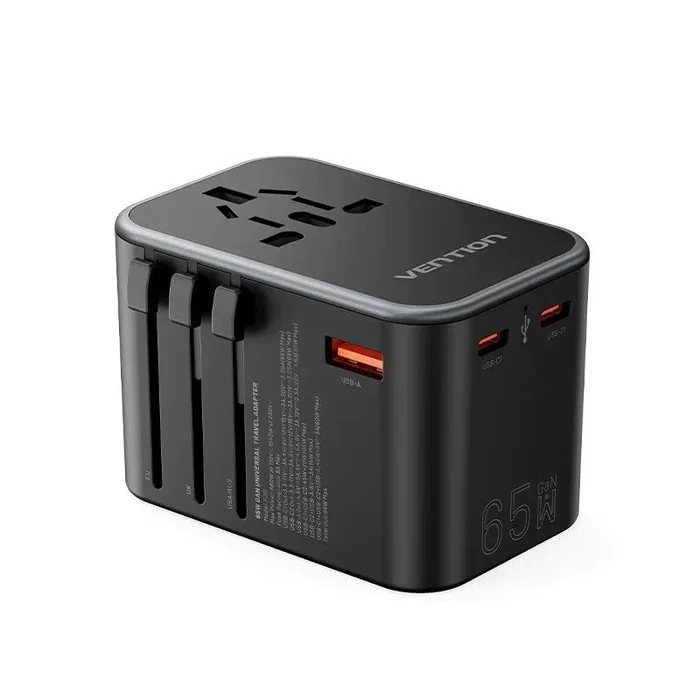 Vention Cargador de Pared Universal GaN 65W FJDB0, 2x USB-C + 1x USB-A, Carga Rápida, Compacto, Compatible para Más de 200 Países