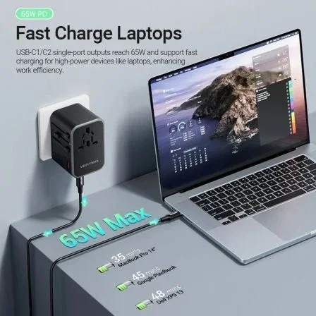 Vention Cargador de Pared Universal FJDB0, 2xUSB Tipo-C, 1xUSB Tipo-A, 65W, Carga Rápida, Tecnología GaN, Toma de Corriente Universal