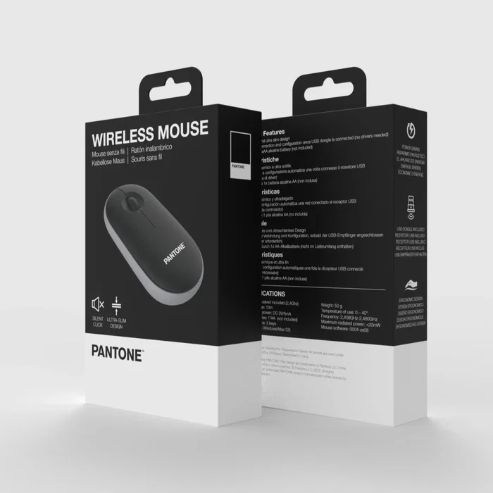 Pantone PT-MS001BK Ratón Inalámbrico de Oficina Silencioso 1200 DPI, Color Negro/Gris, Diseño para Mano Derecha, Recargable