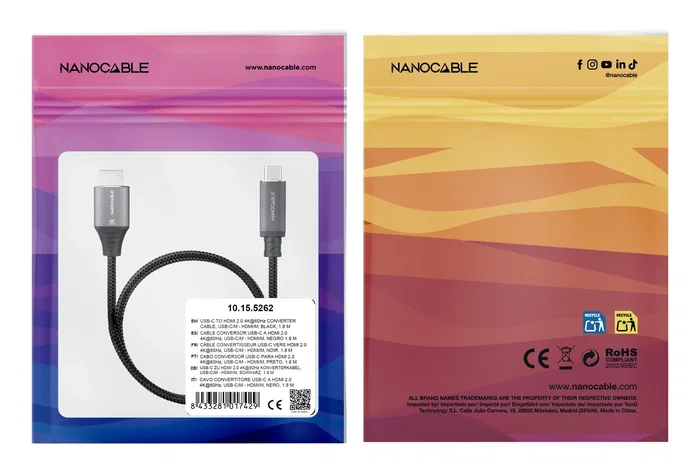 Nanocable Cable USB-C a HDMI 2.0 4K 60Hz 1.8m Negro Nanocable Cable USB-C a HDMI 2.0 4K 60Hz 1.8m Negro
