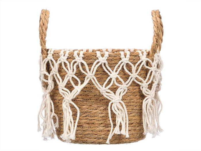 Giftdecor Macetero Macrame Colgante Blanco Pequeño 25x29x25 cm Algodón y Esparto (Set de 8)