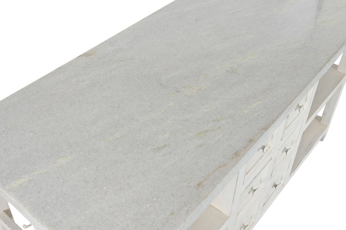 DKD Home Decor Isla Cocina India 1c24 Cottage Blanco Madera y Mármol 76 x 92 x 168 cm con 6 Cajones y 2 Estantes