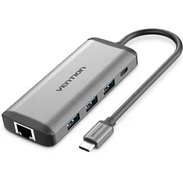 Vention CNDHB Docking USB Tipo-C 8 en 1 con HDMI 4K, 3xUSB 3.0, USB-C PD, RJ45 Gigabit, Lector Tarjetas SD/TF y Carga Rápida 87W Gris