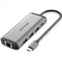 Vention CNDHB Docking USB Tipo-C 8 en 1 con HDMI 4K, 3xUSB 3.0, USB-C PD, RJ45 Gigabit, Lector Tarjetas SD/TF y Carga Rápida 87W Gris