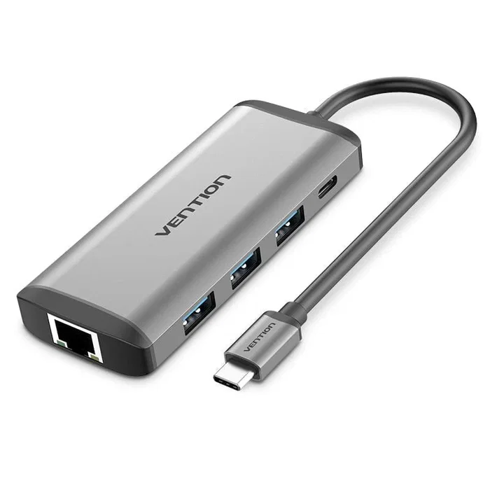 Vention CNDHB Base Docking USB-C 8 en 1 con HDMI 4K, 3x USB 3.0, PD 87W, Ethernet Gigabit, Lector de Tarjetas SD/TF - Plata