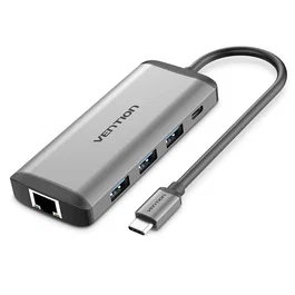 Vention CNDHB Base Docking USB-C 8 en 1 con HDMI 4K, 3x USB 3.0, PD 87W, Ethernet Gigabit, Lector de Tarjetas SD/TF - Plata