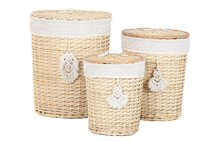 DKD Home Decor Set de 3 Cestas para la Ropa de Mimbre y Poliéster Natural DKD Home Decor Set de 3 Cestas para la Ropa de Mimbre y Poliéster Natural