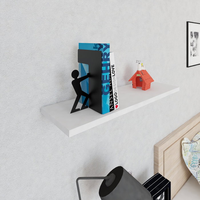 Hanah Home Adam - Black sujetalibros metálico de metal negro, diseño moderno y novedoso para organizar libros en estanterías, decoración elegante.