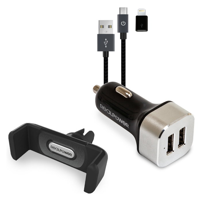 Realpower Cargador de Coche 168182 con Cable y Soporte para Smartphone Realpower Cargador de Coche 168182 con Cable y Soporte para Smartphone
