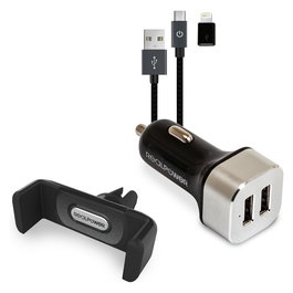 RealPower Cargador Coche con 2 Puertos USB 2.4A, Cable MicroUSB y Soporte Smartphone | Modelo 168182