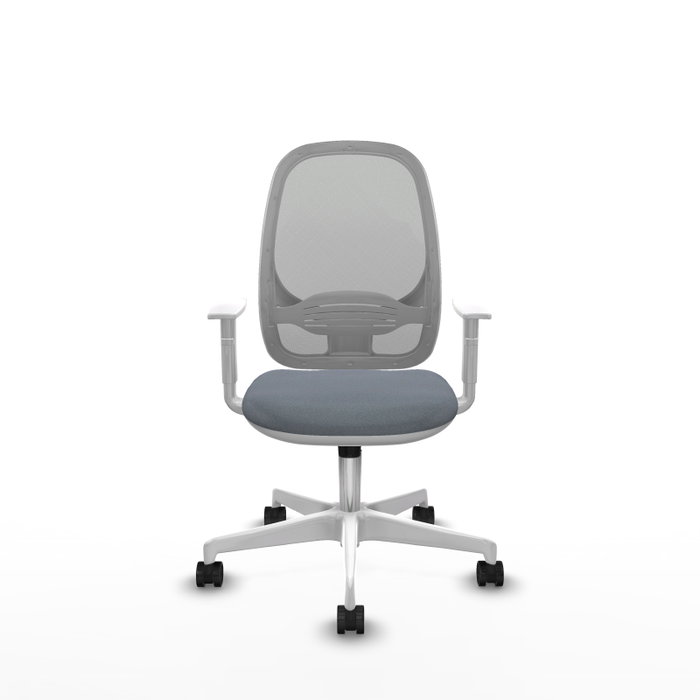 Silla de oficina Cilanco con mecanismo Sincro tapizada con Tela color Gris. Equipada con lumbar 1D, Reposabrazos blancos y Ruedas 65mm nailon
