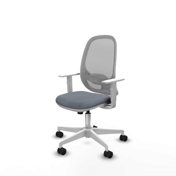 Silla de oficina Cilanco con mecanismo Sincro tapizada con Tela color Gris. Equipada con lumbar 1D, Reposabrazos blancos y Ruedas 65mm nailon