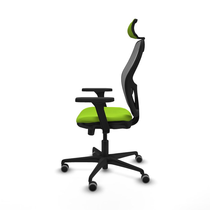 Silla de oficina Jorquera con mecanismo Sincro/Traslack tapizada con Similpiel color Pistacho y malla color Gris. Equipada con lumbar 1D, Brazos 3D, Cabecero 2D y Ruedas 65 mm parqué
