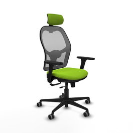 Silla de oficina Jorquera con mecanismo Sincro/Traslack tapizada con Similpiel color Pistacho y malla color Gris. Equipada con lumbar 1D, Brazos 3D, Cabecero 2D y Ruedas 65 mm parqué