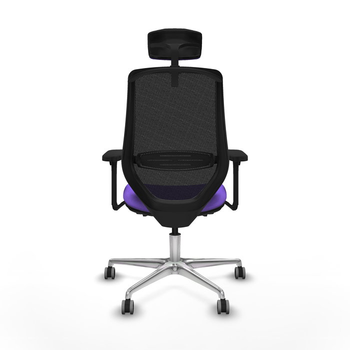 Silla de oficina Mardos con mecanismo Sincro/Traslack tapizada con Tela color Lila y malla color Negro. Equipada con lumbar 1D, Brazos 3D, Cabecero 2D y Ruedas 65 mm parqué