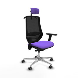 Silla de oficina Mardos con mecanismo Sincro/Traslack tapizada con Tela color Lila y malla color Negro. Equipada con lumbar 1D, Brazos 3D, Cabecero 2D y Ruedas 65 mm parqué