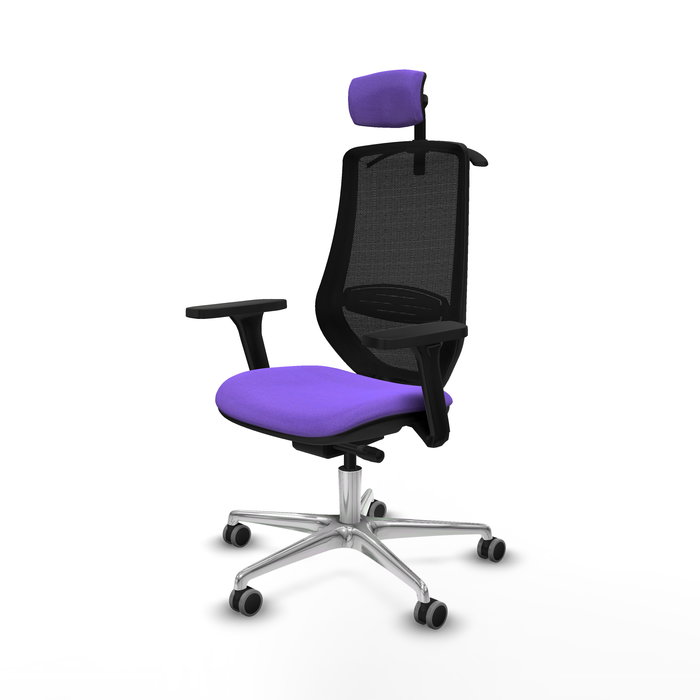Silla de oficina Mardos con mecanismo Sincro/Traslack tapizada con Tela color Lila y malla color Negro. Equipada con lumbar 1D, Brazos 3D, Cabecero 2D y Ruedas 65 mm parqué