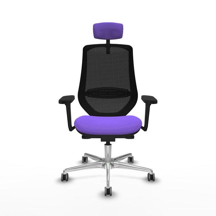 Silla de oficina Mardos con mecanismo Sincro/Traslack tapizada con Tela color Lila y malla color Negro. Equipada con lumbar 1D, Brazos 3D, Cabecero 2D y Ruedas 65 mm parqué