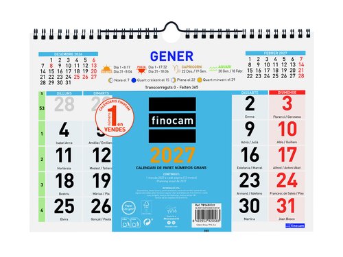 FINOCAM Calendario de pared 2027 con números grandes FINOCAM Calendario de pared 2027 con números grandes