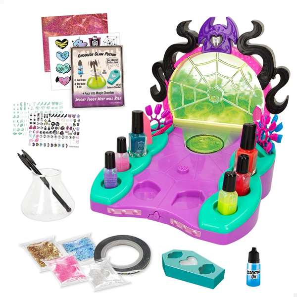 Monster High Estudio de Uñas Glam Ghoulish con Accesorios, Esmaltes de Cambio de Color, Pegatinas y Purpurina