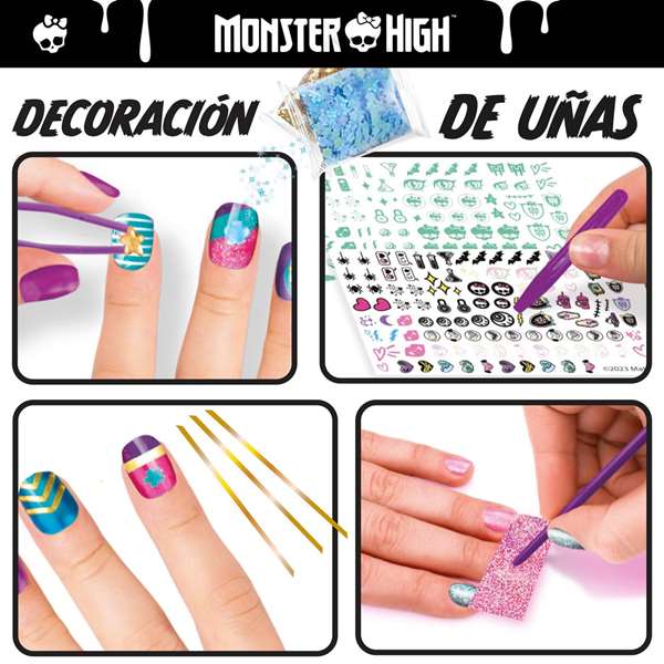 Monster High Estudio de Uñas Glam Ghoulish con Accesorios, Esmaltes de Cambio de Color, Pegatinas y Purpurina