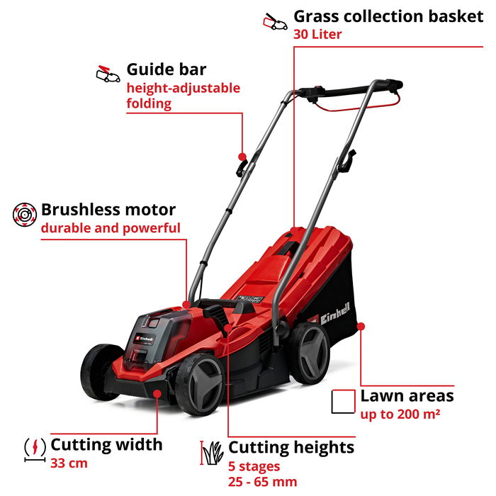Einhell GE-CM 18/33 Li Cortacésped de Batería 18V, Ancho de Corte 33 cm para hasta 200 m², con Batería de 4.0 Ah (Ión-Litio), Color Negro/Rojo Einhell GE-CM 18/33 Li Cortacésped de Batería 18V, Ancho de Corte 33 cm para hasta 200 m², con Batería de 4.0 Ah (Ión-Litio), Color Negro/Rojo