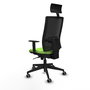 Silla de oficina Horna con mecanismo Sincro tapizada con Tela color Pistacho y malla color Negro. Equipada con lumbar 1D, Brazos 1D, Cabecero Fijo y Ruedas 65 mm parqué