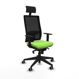 Silla de oficina Horna con mecanismo Sincro tapizada con Tela color Pistacho y malla color Negro. Equipada con lumbar 1D, Brazos 1D, Cabecero Fijo y Ruedas 65 mm parqué