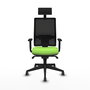 Silla de oficina Horna con mecanismo Sincro tapizada con Tela color Pistacho y malla color Negro. Equipada con lumbar 1D, Brazos 1D, Cabecero Fijo y Ruedas 65 mm parqué