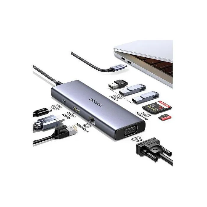 UGREEN Concentrador USB-C 9 en 1 con Puerto HDMI, VGA, RJ45, Ranuras SD/TF y USB-C para Ordenador - Negro