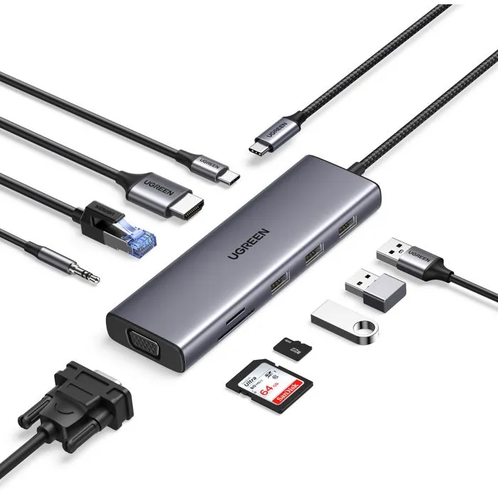 UGREEN Concentrador USB-C 9 en 1 con Puerto HDMI, VGA, RJ45, Ranuras SD/TF y USB-C para Ordenador - Negro