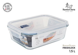 Santa Clara Frasco para Fiambre de 1.5 Litros, Rectangular con Tapa Hermética y Válvula Freshlock, Vidrio Borosilicato, 22.5 x 17.5 x 7.3 cm (6 Unidades)