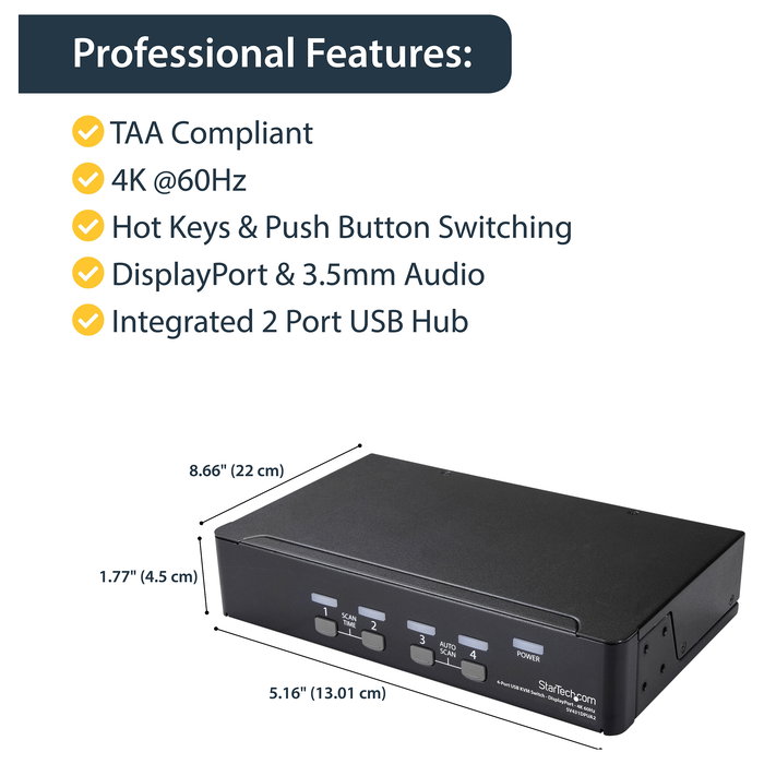 StarTech.com KVM Switch de 4 Puertos DisplayPort 1.2 para 4 Computadoras, 4K a 60Hz, USB 2.0 con Audio, TAA, 3840 x 2160 Píxeles, Montaje Rack 1U