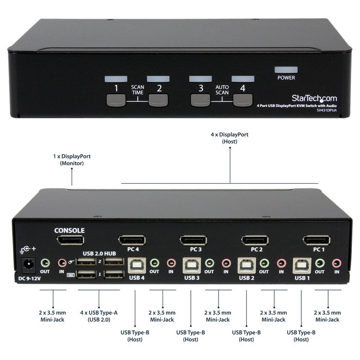 StarTech.com KVM Switch de 4 Puertos DisplayPort 1.2 para 4 Computadoras, 4K a 60Hz, USB 2.0 con Audio, TAA, 3840 x 2160 Píxeles, Montaje Rack 1U
