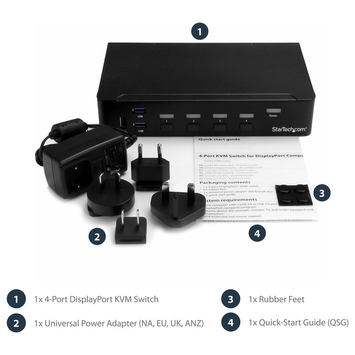 StarTech.com KVM Switch de 4 Puertos DisplayPort 1.2 para 4 Computadoras, 4K a 60Hz, USB 2.0 con Audio, TAA, 3840 x 2160 Píxeles, Montaje Rack 1U