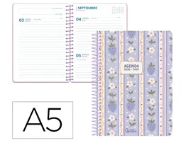 Liderpapel Agenda Escolar 2026-2027 Fantasy A - Día Página A5, Espiral, Tapa Dura, Papel FSC 80g, Interior Bilingüe, Con Gomilla y Pegatinas, Color Azul Fresas