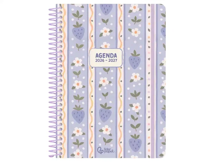 Liderpapel Agenda Escolar 2026-2027 Fantasy A - Día Página A5, Espiral, Tapa Dura, Papel FSC 80g, Interior Bilingüe, Con Gomilla y Pegatinas, Color Azul Fresas