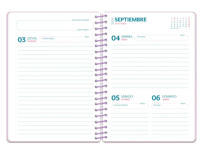 Liderpapel Agenda Escolar 2026-2027 Fantasy A - Día Página A5, Espiral, Tapa Dura, Papel FSC 80g, Interior Bilingüe, Con Gomilla y Pegatinas, Color Azul Fresas