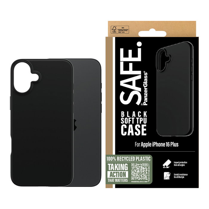 PanzerGlass SAFE TPU Case Black Funda iPhone 16 Plus Negro Resistente Golpes Rayones