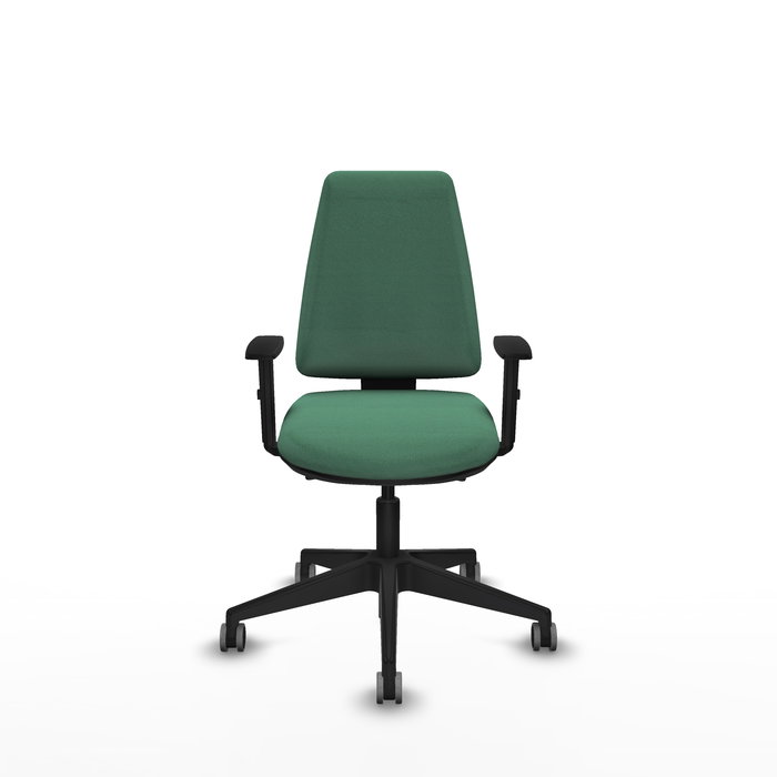 Silla de oficina Elche con mecanismo Asincro tapizada con Tela color Verde esmeralda. Equipada con Base piramidal negra, Brazos 1D y Ruedas 65 mm parqué Silla de oficina Elche con mecanismo Asincro tapizada con Tela color Verde esmeralda. Equipada con Base piramidal negra, Brazos 1D y Ruedas 65 mm parqué