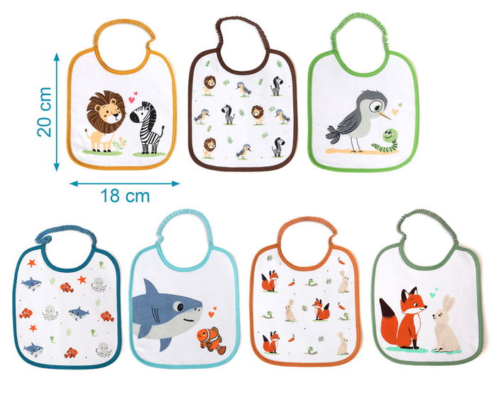 KioKids Set de 7 Baberos Impermeables de Algodón con Motivos de Animales Multicolor para Bebés +0 Meses