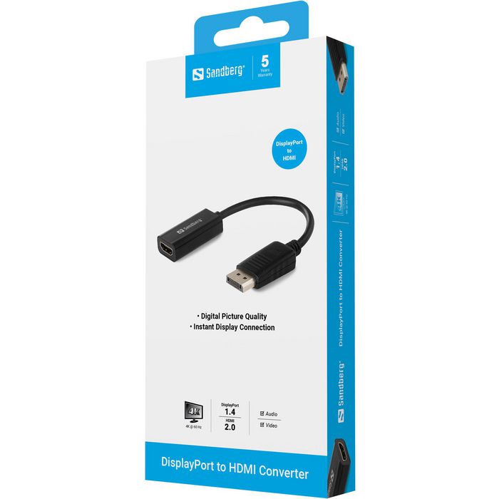 Sandberg Adaptador DisplayPort a HDMI para conectar tu dispositivo a un televisor o monitor con entrada HDMI